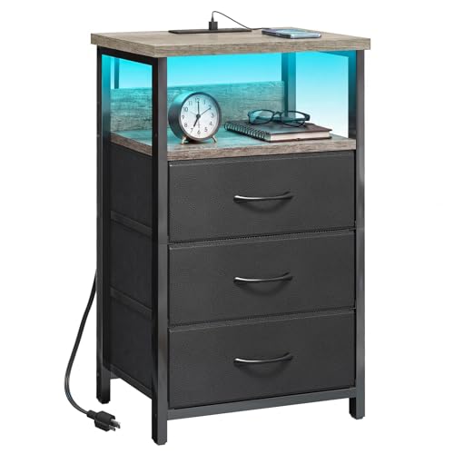 Night Stand with 3 Fabric Drawers (15.7"D x 11.8"W x 26.9"H (3 drawers) / Power+Light (1pc) / French Oak)