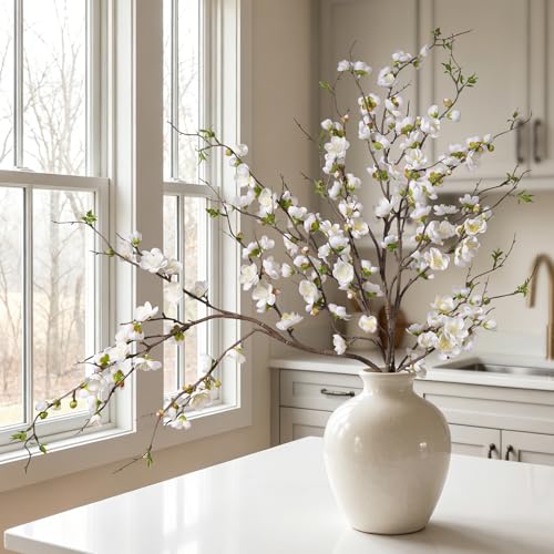 Artificial Plum Blossom Fake Cherry Blossom Branches Fake Flowers Artificial Flowers 4PCS 35.4'' Long Stem Artificial Flowers for Tall Vase Silk Flowers for Indoor Home Decor (White)
