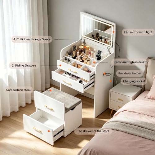 3-in-1 Vanity Desk Set with Stool, Small Flip-Up Makeup Table, White (White / 23.6 Inch)
