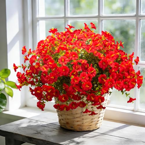 16PCS UV Resistant Artificial Morning Glory Flowers with Eucalyptus (Red)