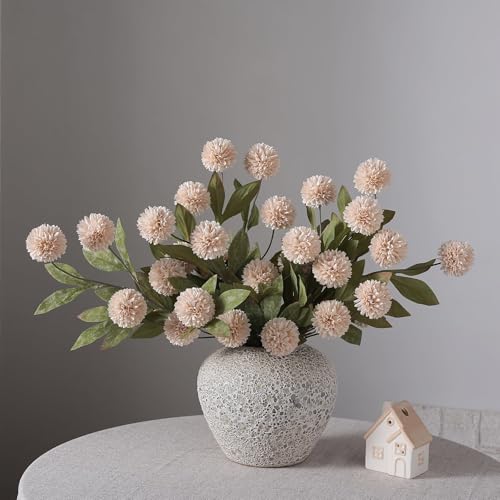 12 Pcs 27" Artificial Pompon Mum Silk Flower Stems for Vase (Beige)