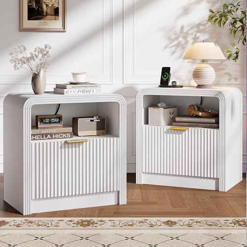 23'' Wide Fluted Nightstand Set of 2 with Charging Station (White / 1 Drawer & Open Shelf)