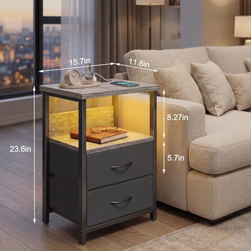 Night Stand with Charging Station (15.7"D x 11.8"W x 23.6"H (2 drawers) / Power+Light (1pc) / French Oak)