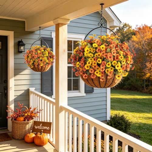 Artificial Fall Flowers Fake Mums Plants for Outdoors Decoration (6 Yellow, 6 Orange)