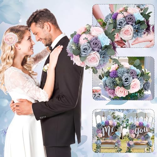 98pcs Artificial Flowers with Stems (Blue, Purple, Pink Color)