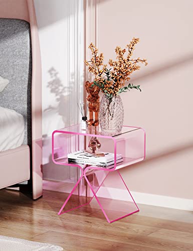 Acrylic Nightstand Bedside Side Table (Pink)