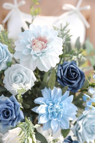 Artificial Flowers Combo Box Set for DIY Wedding Bouquets Centerpieces Arrangements Bridal Shower Party Home Decorations (Light Blue&navy Blue)