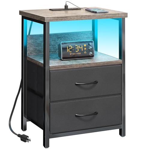 Night Stand with Charging Station (15.7"D x 11.8"W x 23.6"H (2 drawers) / Power+Light (1pc) / French Oak)