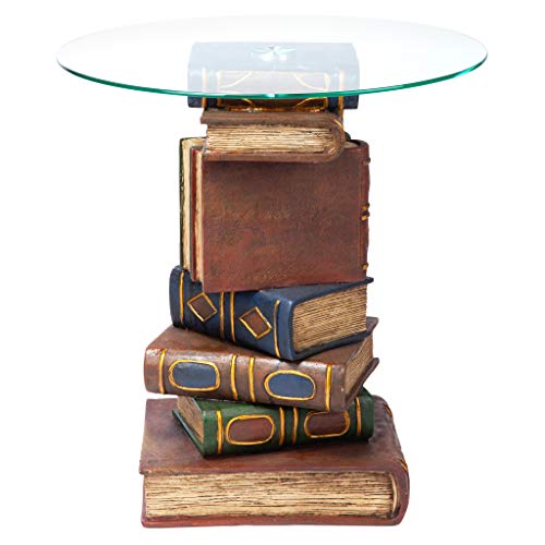 Stacked Volumes Vintage Book Decor End Table with Glass Top