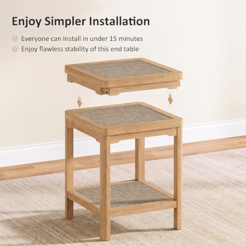 Square Rattan End Table Side Table Set of 2 with Round Edge Design (Natural Oak, Square)