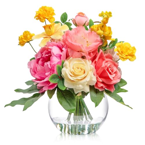 Artificial Flowers Centerpieces in Glass Vase with Fake Water (Yellow, Coral & Hot Pink)