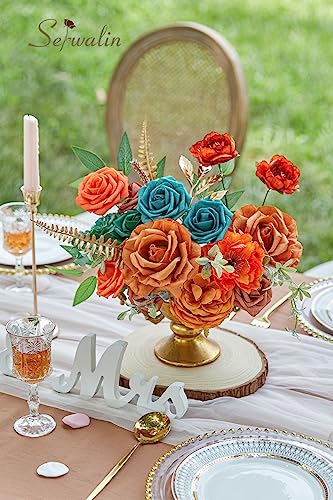 Teal Burnt Orange Silk Flowers Fall Artificial Flowers for Wedding (A Athens Orange Teal Blue / 2 Boxes)