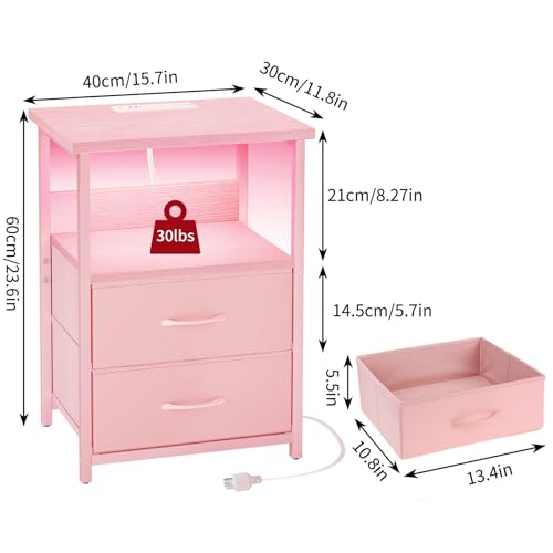Night Stand with Charging Station (15.7"D x 11.8"W x 23.6"H (2 drawers) / Power+Light (1pc) / Pink)
