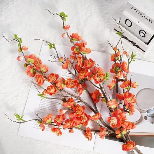 4PCS Cherry Blossom Branches Artificial Plum Blossom Fake Flowers Silk Flowers 35.4'' Artificial Flowers Long Stem Artificial Flowers for Tall Vase for Indoor Home Decoration (Orange)