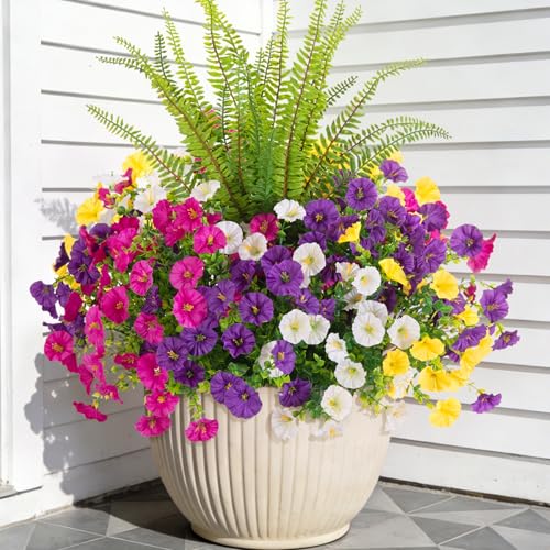 Artificial Flowers Fake Plants for Outdoors Decoration (Darkpurple Lightpurple Yellow White Fern)