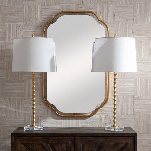 Astrava Gold Leaf Modern Metal Table Lamp with Ivory Linen Shade Set of 2