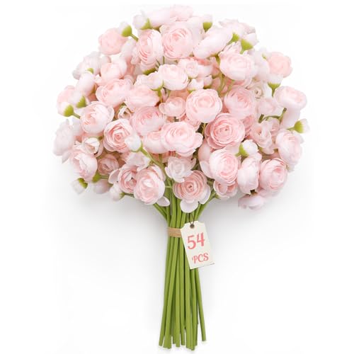 54Pcs Ranunculus Artificial Flowers Faux Silk Mini Flowers Indoor (Shabby Blush)