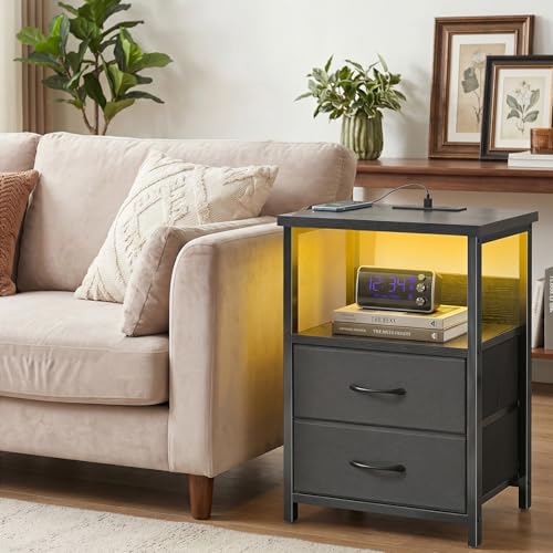 Black Nightstands Set of 2 (15.7"D x 11.8"W x 23.6"H (2 drawers) / Power+Light (2pc) / Black)