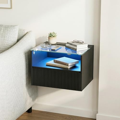 Floating Nightstand Set of 2 with Charging Station and Drawer (Black)
