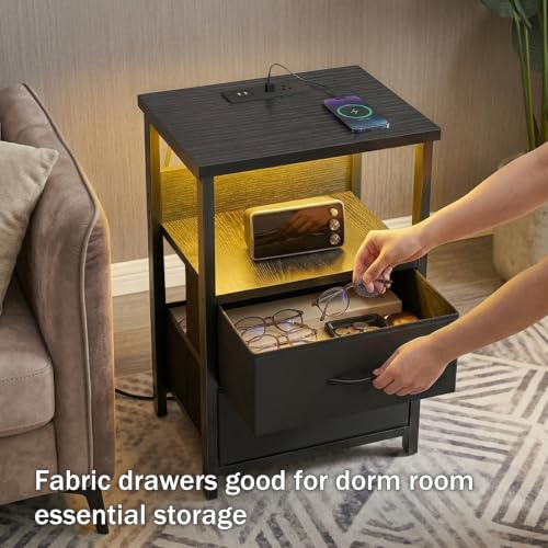 Night Stand with Charging Station (15.7"D x 11.8"W x 23.6"H (2 drawers) / Power+Light (1pc) / Black)