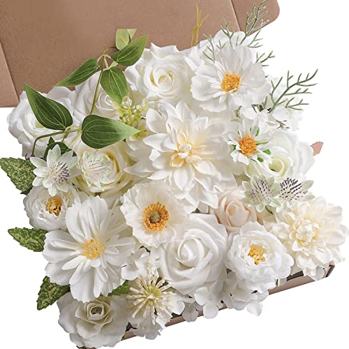Artificial Flowers Combo Box Set Faux Flowers Bulk Flower Leaf with Stems Arrangements for DIY Wedding Bouquets Party Table Centerpieces Home Decorations Indoor Outdoor (White)