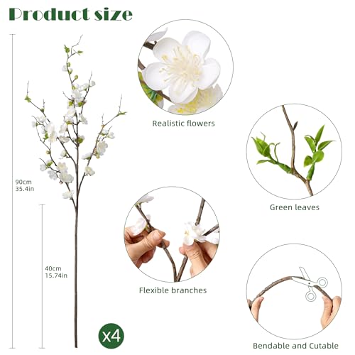 Artificial Plum Blossom Fake Cherry Blossom Branches Fake Flowers Artificial Flowers 4PCS 35.4'' Long Stem Artificial Flowers for Tall Vase Silk Flowers for Indoor Home Decor (White)