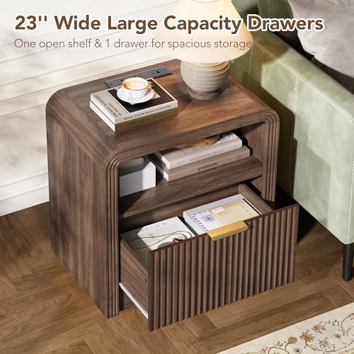 23'' Wide Fluted Nightstand Set of 2 with Charging Station (Walnut / 1 Drawer & Open Shelf)