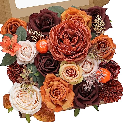 Artificial Fall Flowers Burgundy Orange Silk Flowers for Wedding (Aria Orange Burgundy / 2 Boxes)