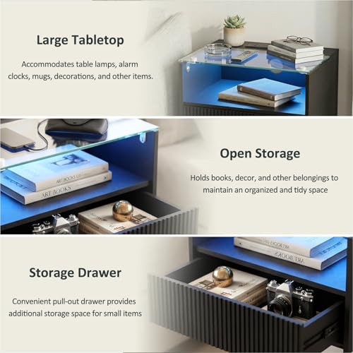 Floating Nightstand Set of 2 with Charging Station and Drawer (Black)