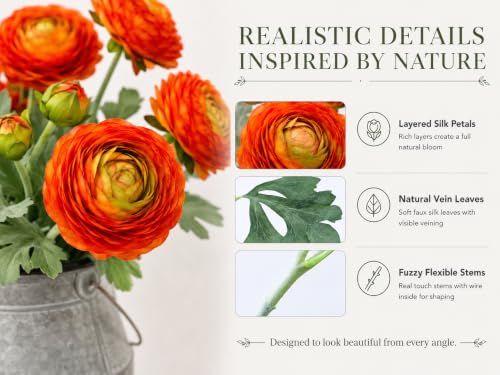 Orange Artificial Ranunculus Flowers with Real Touch Stem (Orange / 10)