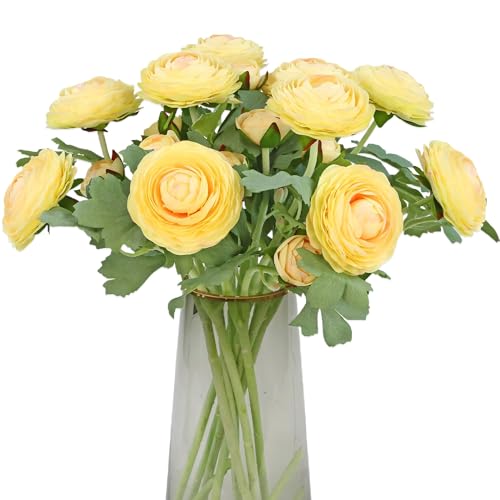 Artificial Ranunculus Flowers with Real Touch Stem Silk Ranunculus (Creamy Yellow / 10)