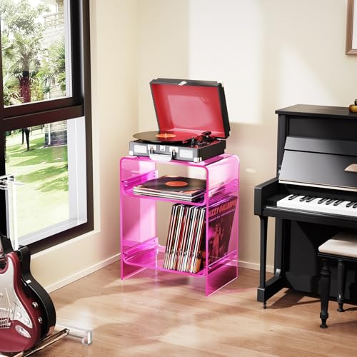 Acrylic Record Player Table with Storage Shelf (Pink / Large)