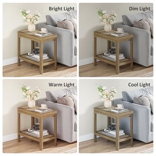 Rattan Side Table End Table Set of 2 with Round Edge Design (Caramel Oak, Round Edges)