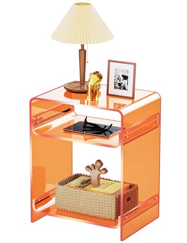 Acrylic End Table Record Player Table with Storage Shelf Clear Side Table Nightstand (Orange)