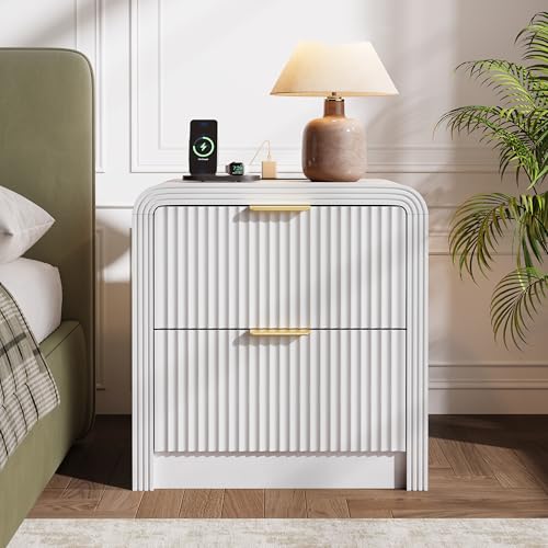 23'' Wide Fluted Nightstand Set of 2 with Charging Station (White / 2 Drawers)