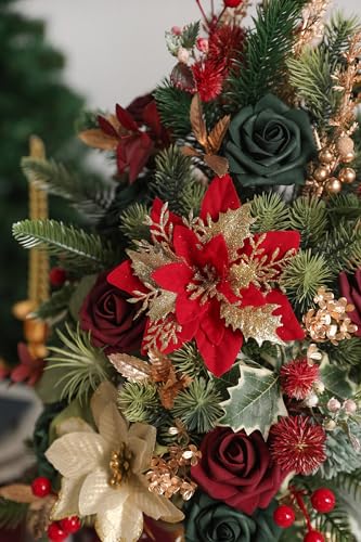Artificial Christmas Flowers Greenery Combo Box Set Faux Flowers Bulk Flower Leaf with Stems for DIY Tree Ornaments Xmas Wreath Floral Arrangements Centerpieces (Chrismas Red)