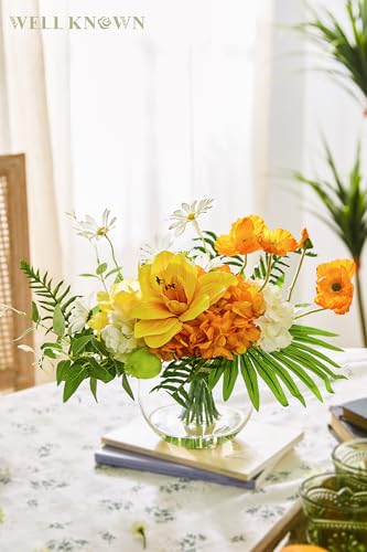 Artificial Silk Flowers in Glass Vase for Dining Table Decor (Tropical Orange)
