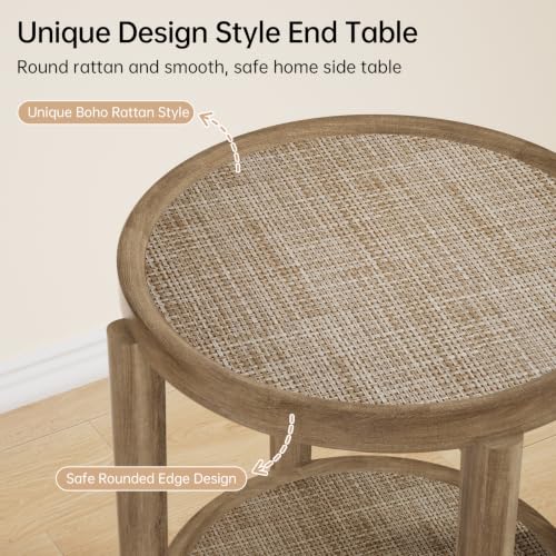 Rattan Round Side Table End Table Set of 2 with Storage Shelf (Caramel Oak, Round)