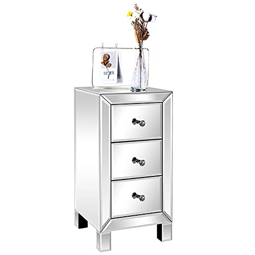 3 Drawer Mirrored Nightstand End Table Bedside Table for Bedroom (1 Pack / Assembly: Knobs Only / Actual Glass Mirror Finish)