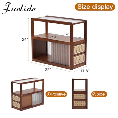 Rattan Nightstand Side Table with Storage (Walnut)