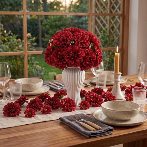 100pcs Red Artificial Dahlia Flowers with Stems (Red)