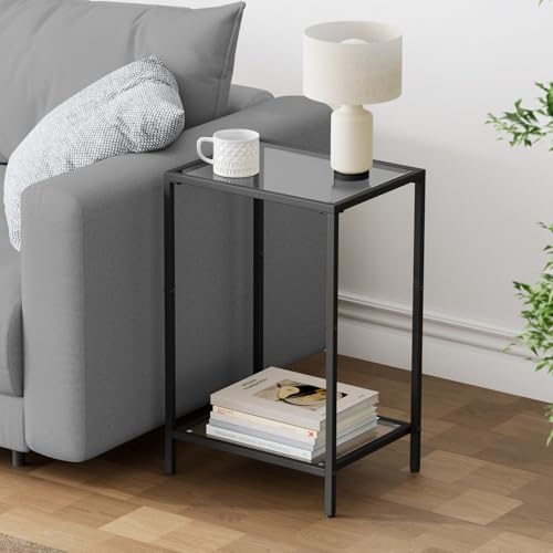 Side Tables Set of 2 with Tempered Glass (Black / 11.8"D x 15"W x 23.6"H)