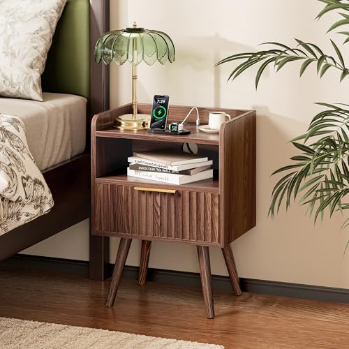 Nightstand Set of 2 with Charging Station (Walnut)