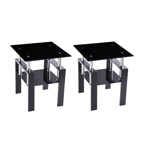 Set of 2 Black Glass End Tables (Black Top With Black Leg)