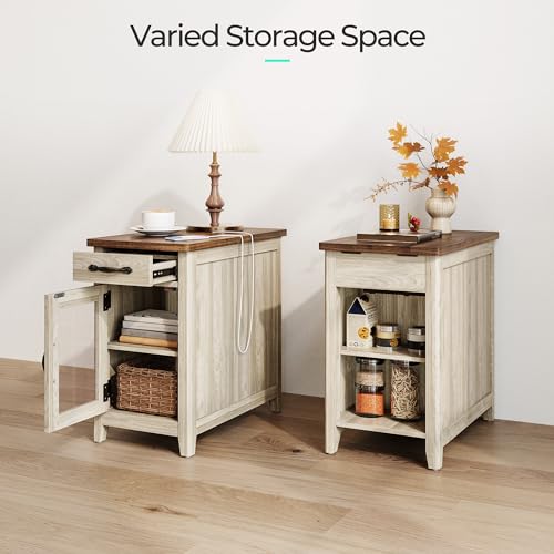 Set of 2 Charging End Tables with USB Ports (Washed Grey and Brown / Glass Door)