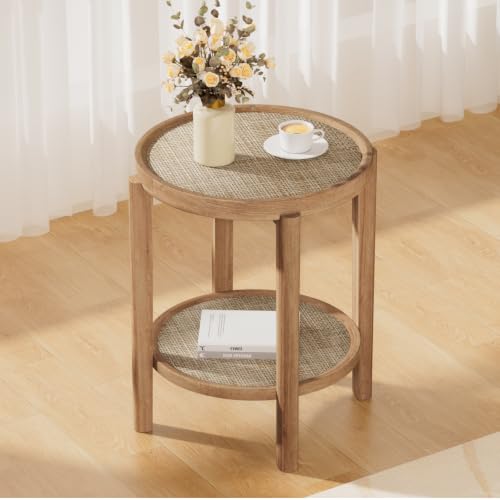 Rattan Round Side Table End Table with Storage Shelf (Natural Oak, Round)