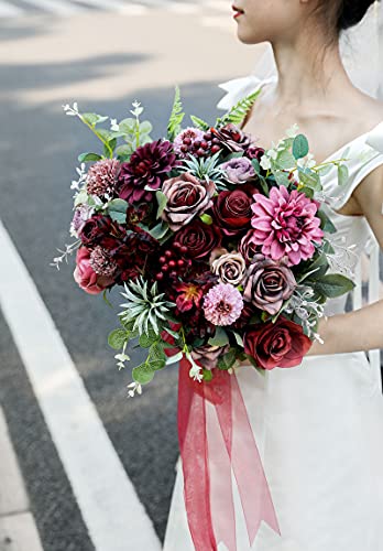 Artificial Flowers Combo Dahlia 25pcs Silk Fake Flowers Roses for DIY Wedding Bouquets Burgundy Centerpieces Arrangements Party Bridal Baby Shower Home Decorations (Burgundy)