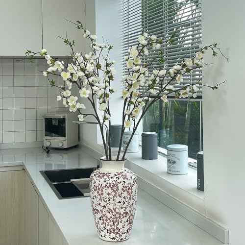 Artificial Plum Blossom Fake Cherry Blossom Branches Fake Flowers Artificial Flowers 4PCS 35.4'' Long Stem Artificial Flowers for Tall Vase Silk Flowers for Indoor Home Decor (White)