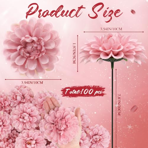 100pcs Pink Artificial Dahlia Flowers with Stems (Pinkish Brown)