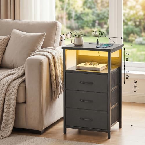 Night Stand with 3 Drawers (15.7"D x 11.8"W x 26.9"H (3 drawers) / Power+Light (1pc) / Black)
